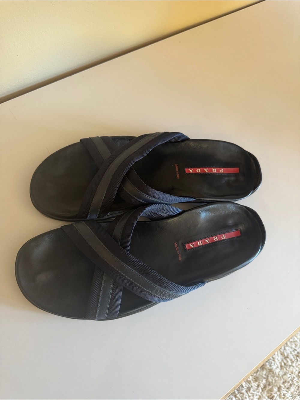 Prada Black and Navy Cross-Strap Slide Sandals